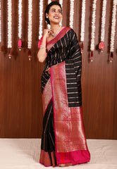 Black with Magenta Border Katan Pure Silk Saree With Blouse Piece - Adi Akshoy & Co.