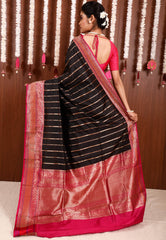 Black with Magenta Border Katan Pure Silk Saree With Blouse Piece - Adi Akshoy & Co.