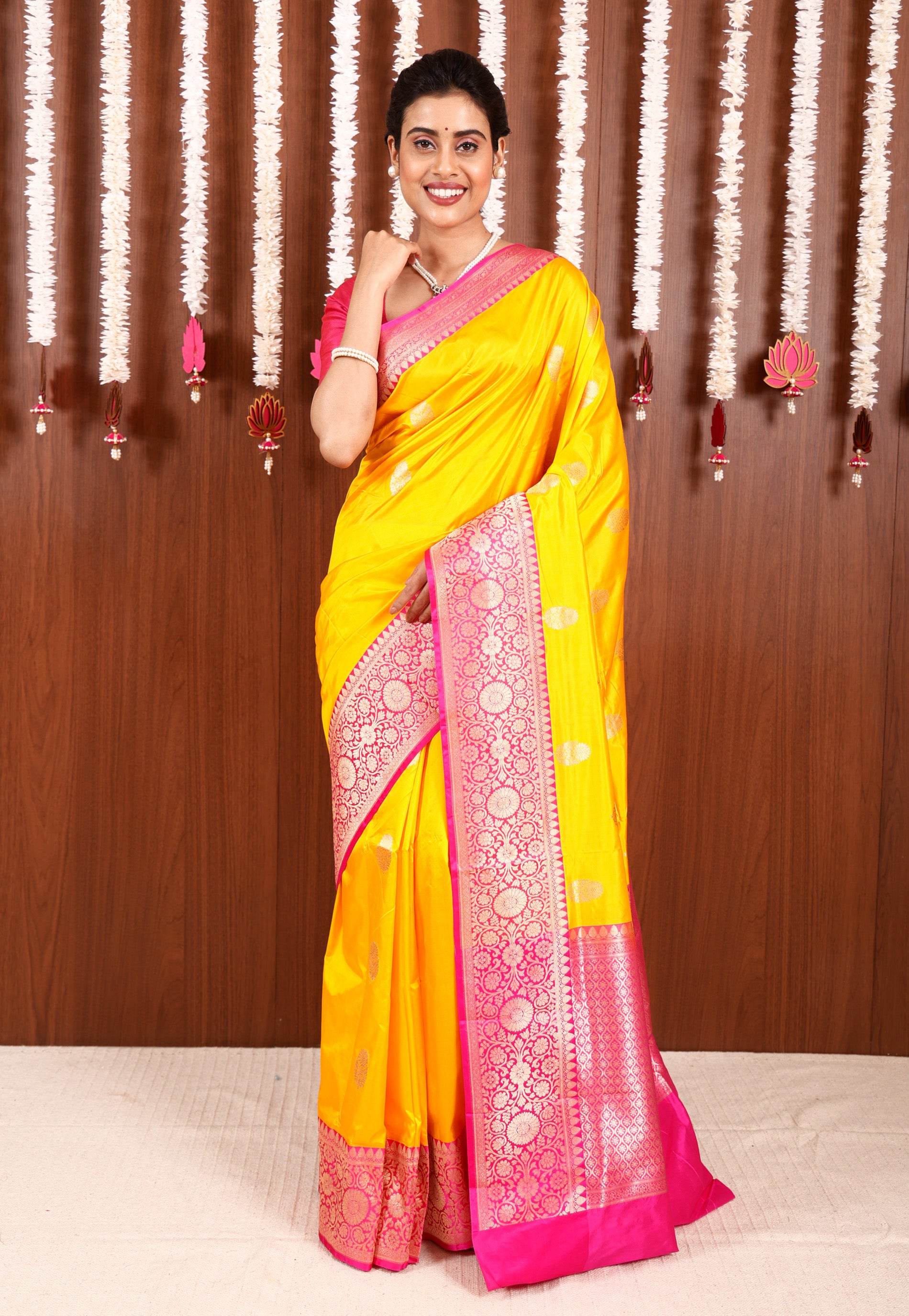 Yellow with Rani Pink Border Katan Pure Silk Saree With Blouse Piece - Adi Akshoy & Co.