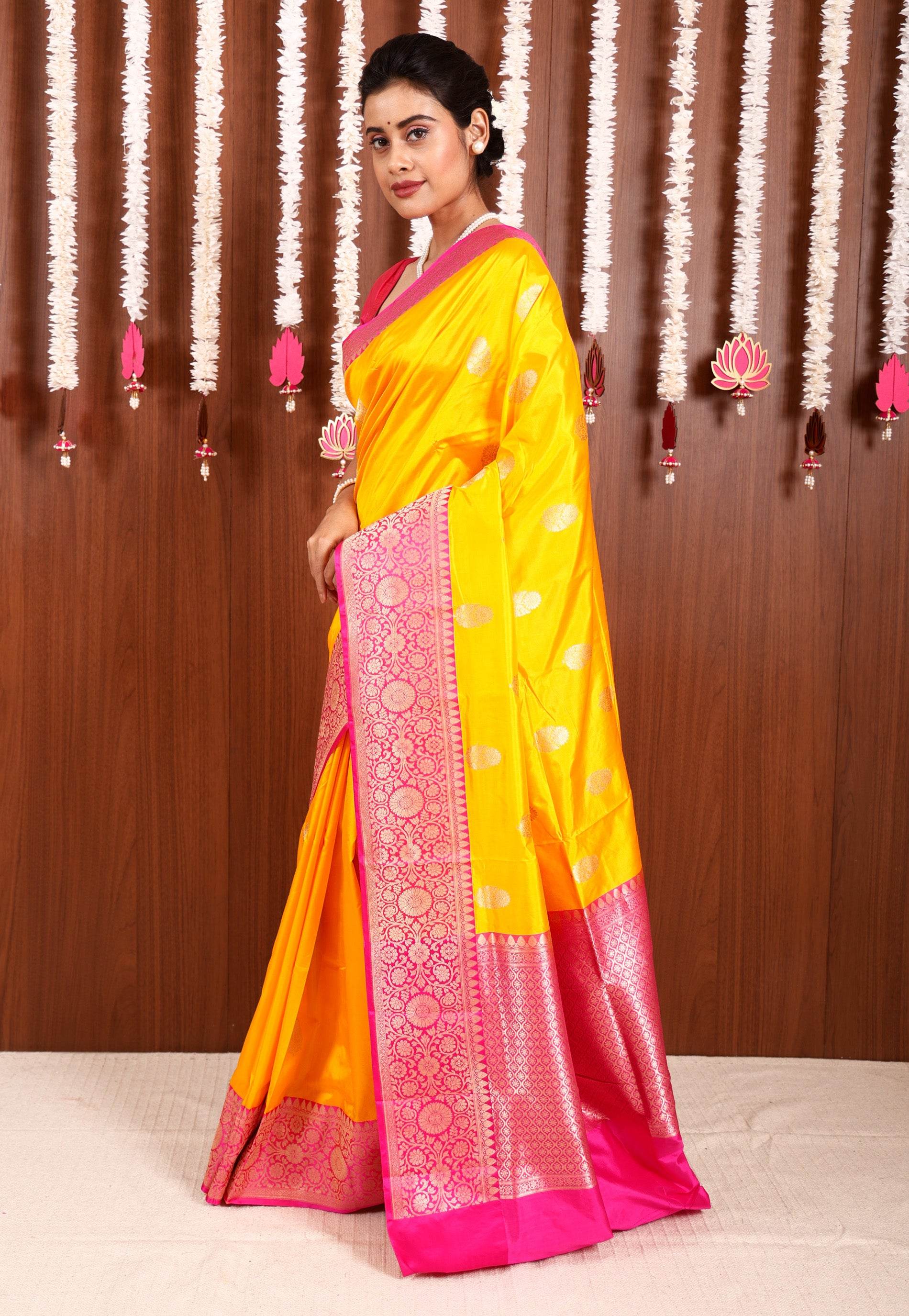Yellow with Rani Pink Border Katan Pure Silk Saree With Blouse Piece - Adi Akshoy & Co.