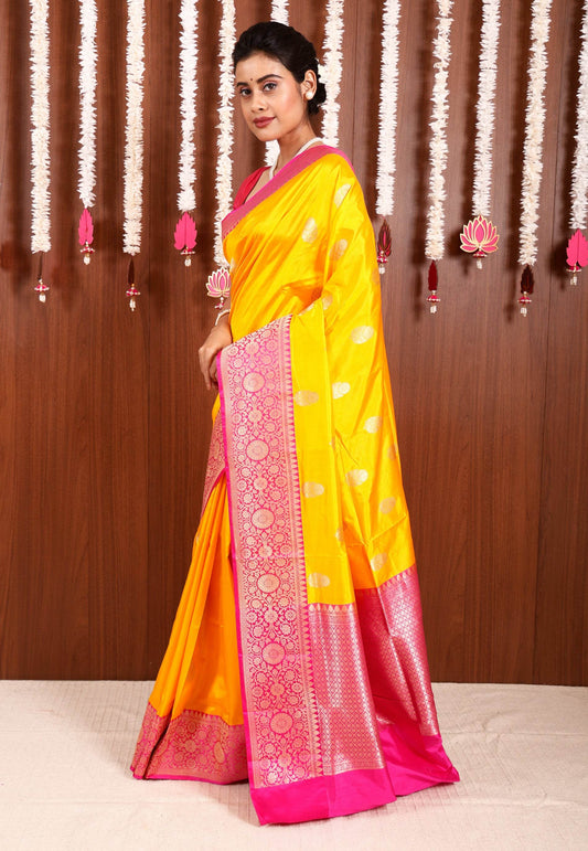 Yellow with Rani Pink Border Katan Pure Silk Saree With Blouse Piece - Adi Akshoy & Co.