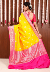 Yellow with Rani Pink Border Katan Pure Silk Saree With Blouse Piece - Adi Akshoy & Co.