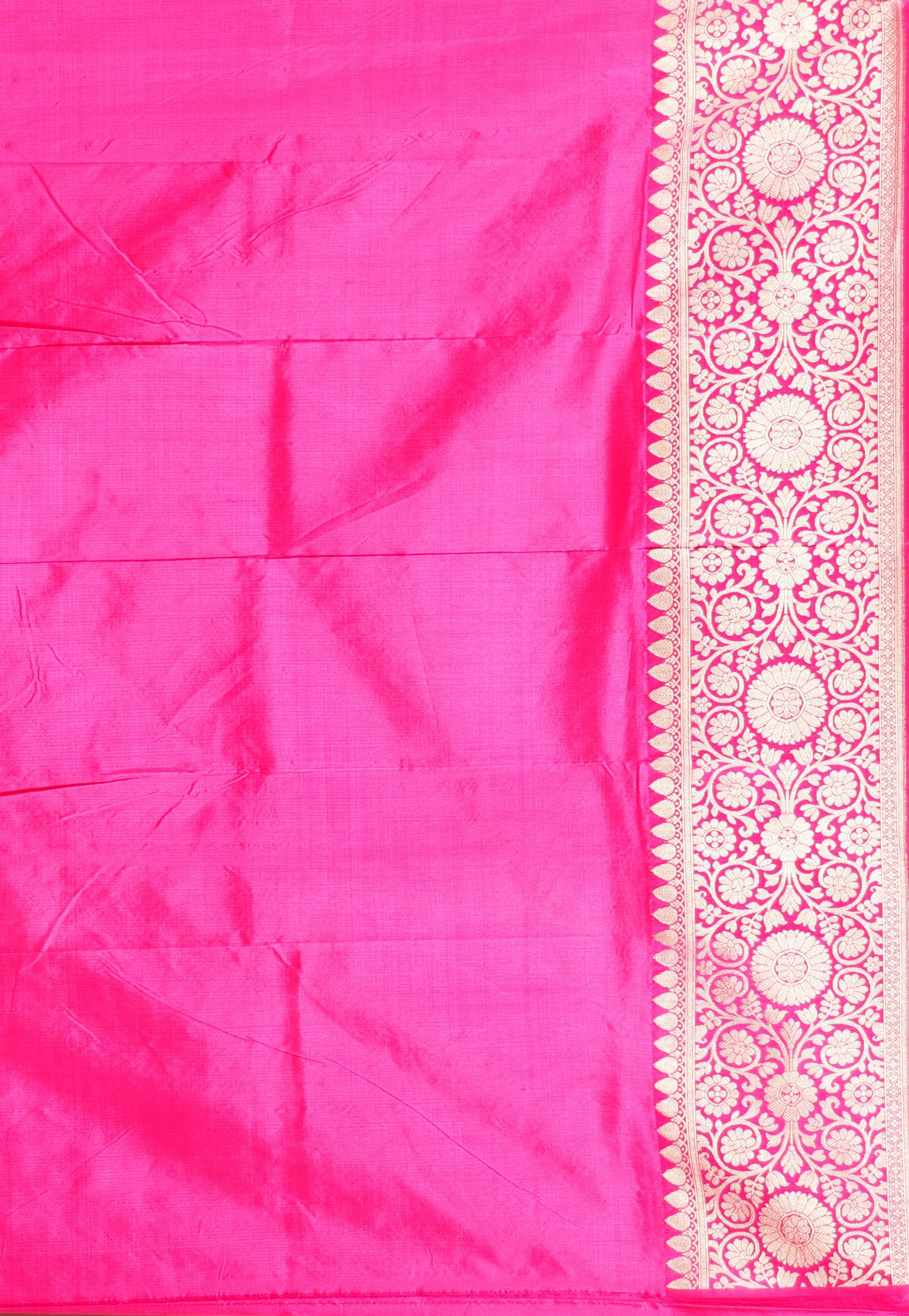 Yellow with Rani Pink Border Katan Pure Silk Saree With Blouse Piece - Adi Akshoy & Co.