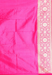 Yellow with Rani Pink Border Katan Pure Silk Saree With Blouse Piece - Adi Akshoy & Co.