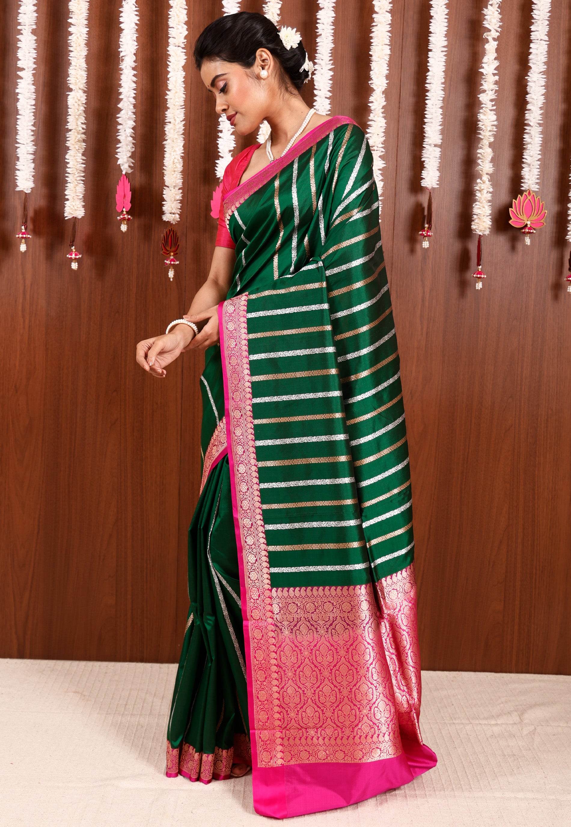 Bottle Green with Rani Pink Border Katan Pure Silk Saree With Blouse Piece - Adi Akshoy & Co.