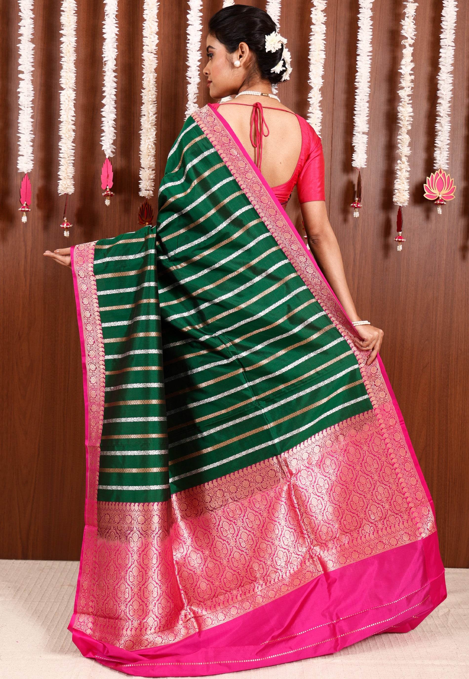 Bottle Green with Rani Pink Border Katan Pure Silk Saree With Blouse Piece - Adi Akshoy & Co.