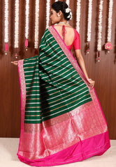 Bottle Green with Rani Pink Border Katan Pure Silk Saree With Blouse Piece - Adi Akshoy & Co.