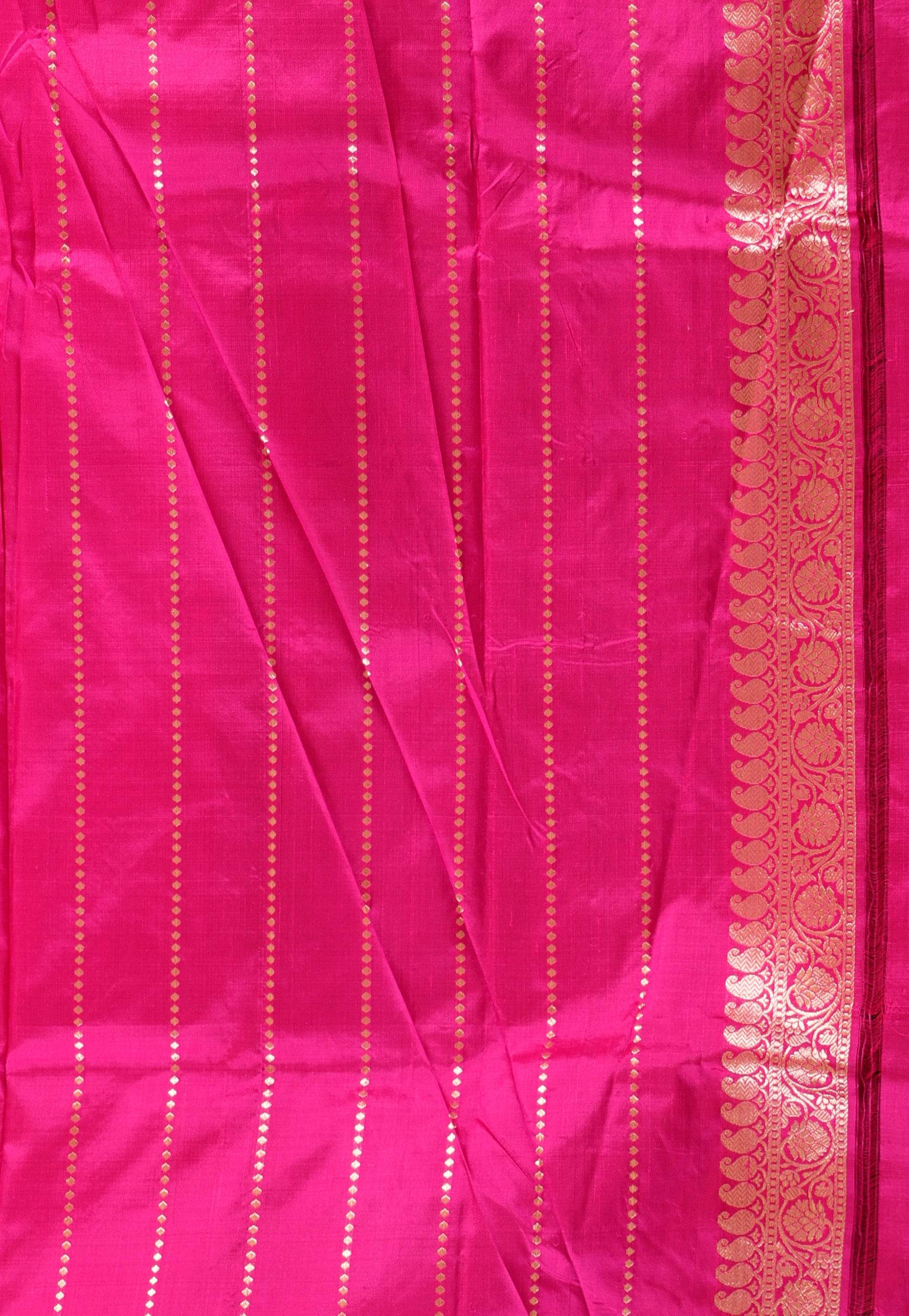 Bottle Green with Rani Pink Border Katan Pure Silk Saree With Blouse Piece - Adi Akshoy & Co.