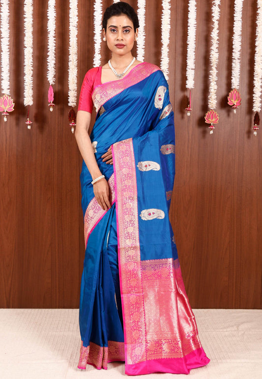 Feroza Blue with Rani Pink Border Katan Pure Silk Saree With Blouse Piece - Adi Akshoy & Co.