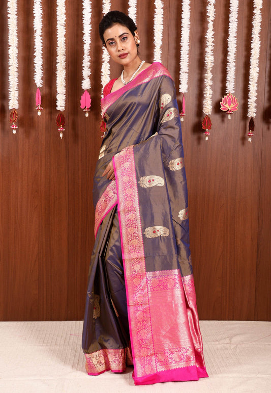 Dual shades of Blue and Brown with Rani Pink Border Katan Pure Silk Saree With Blouse Piece - Adi Akshoy & Co.