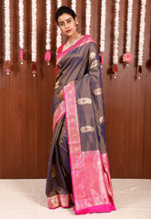Dual shades of Blue and Brown with Rani Pink Border Katan Pure Silk Saree With Blouse Piece - Adi Akshoy & Co.