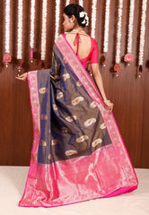 Dual shades of Blue and Brown with Rani Pink Border Katan Pure Silk Saree With Blouse Piece - Adi Akshoy & Co.