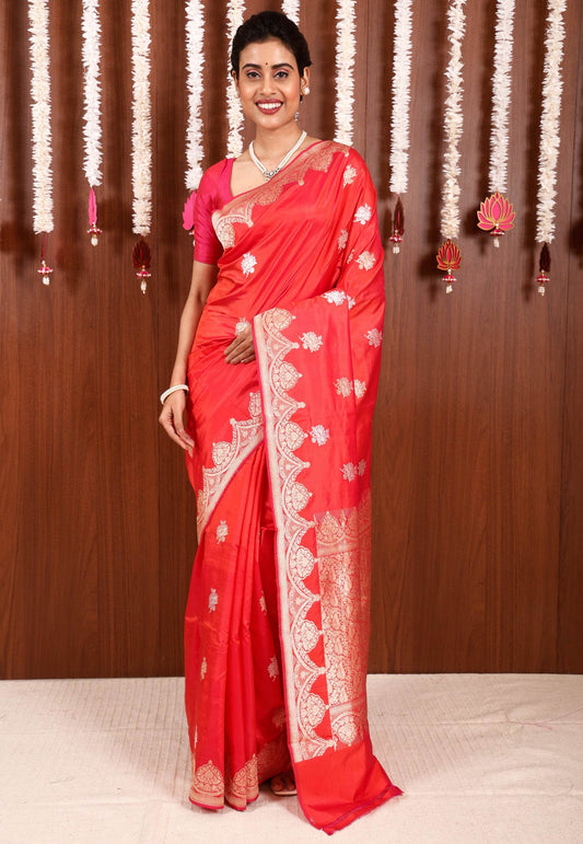 Dual shades of Orange and Red Katan Pure Silk Saree With Blouse Piece - Adi Akshoy & Co.