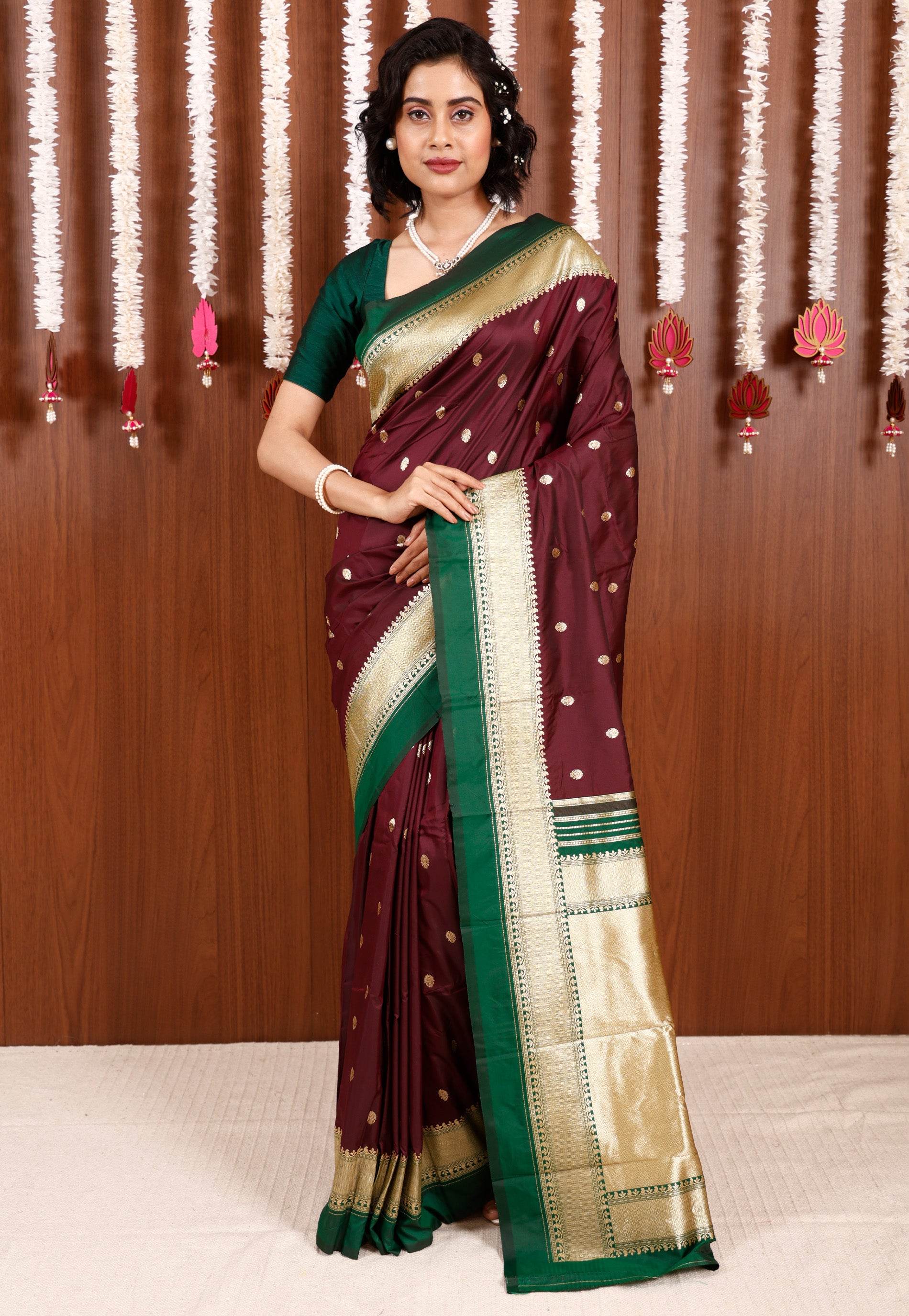 Maroon with Bottle Green Border Kanjivaram Silk Saree With Blouse Piece - Adi Akshoy & Co.