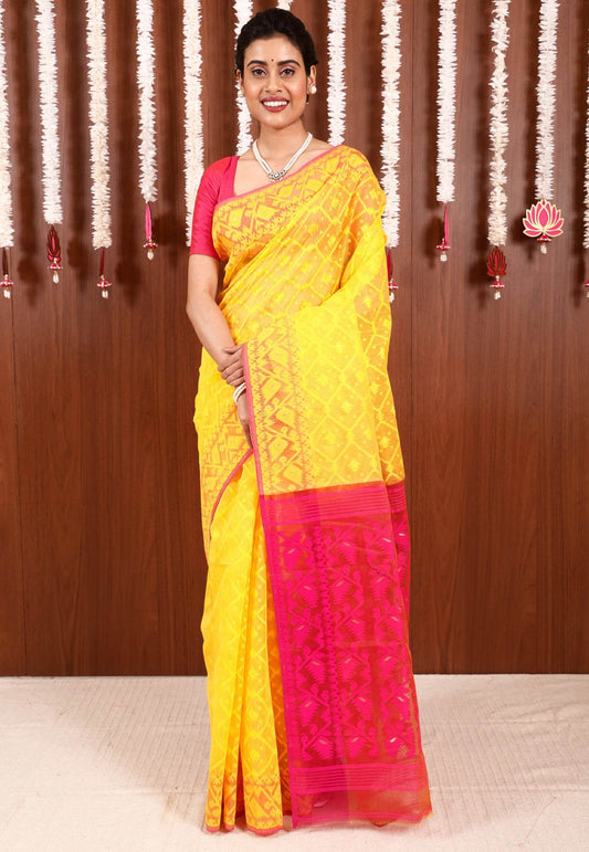 Yellow Dhakai Jamdani Cotton Saree without Blouse Piece - Adi Akshoy & Co.