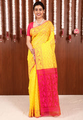 Yellow Dhakai Jamdani Cotton Saree without Blouse Piece - Adi Akshoy & Co.