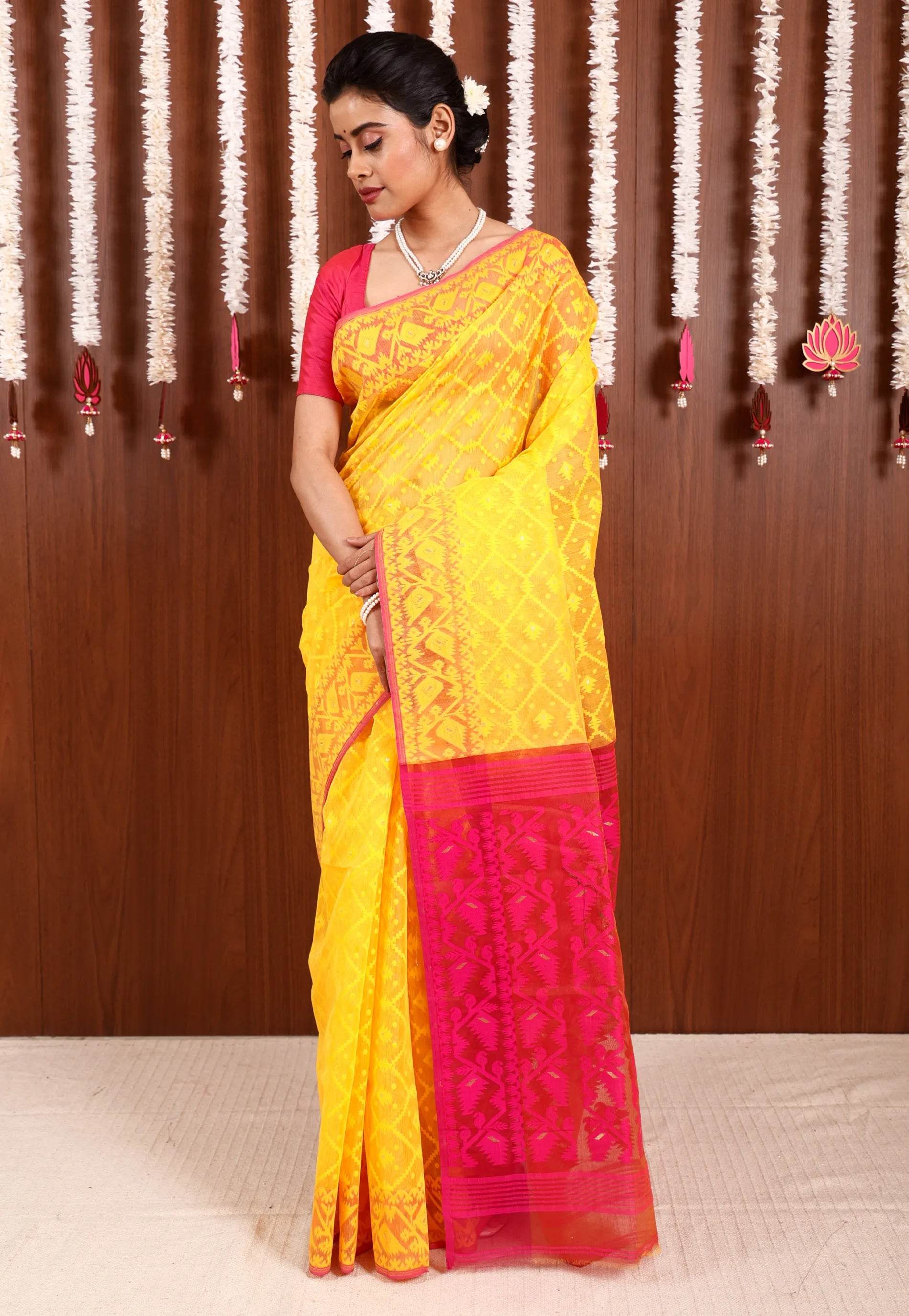 Yellow Dhakai Jamdani Cotton Saree without Blouse Piece - Adi Akshoy & Co.