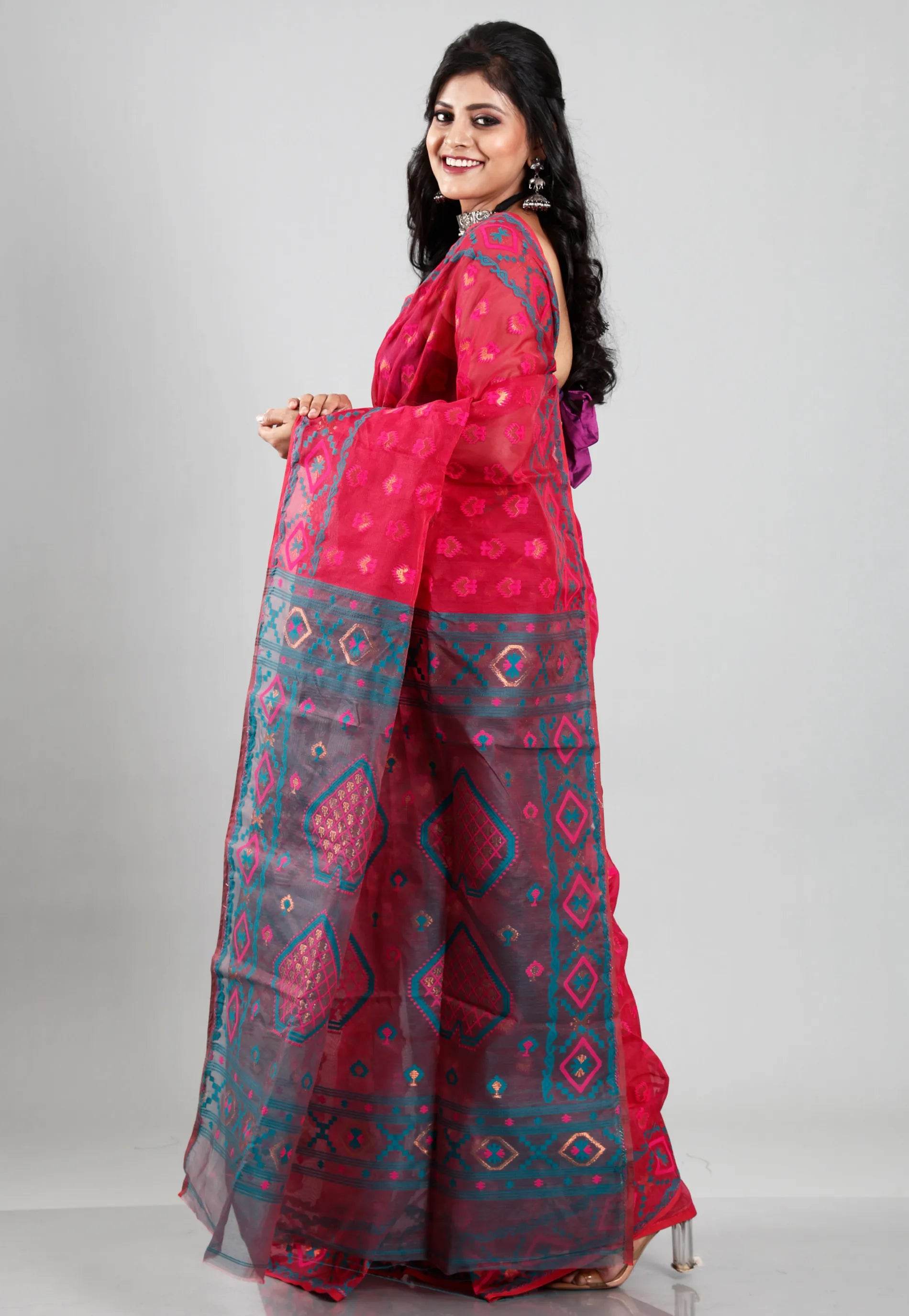 Rani Dhakai Jamdani Cotton Saree without Blouse Piece - Adi Akshoy & Co.