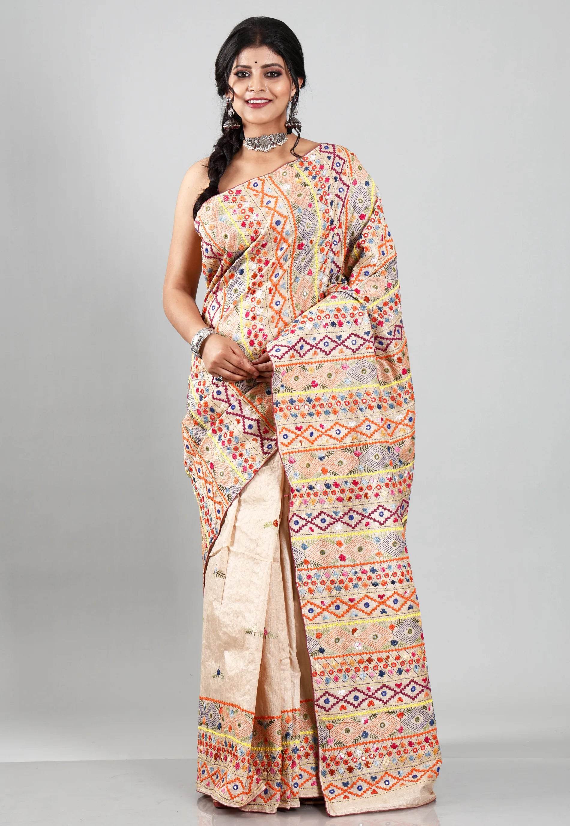 Tussar Colour Pure Tussar Silk Kantha Saree With Blouse Piece - Adi Akshoy & Co.