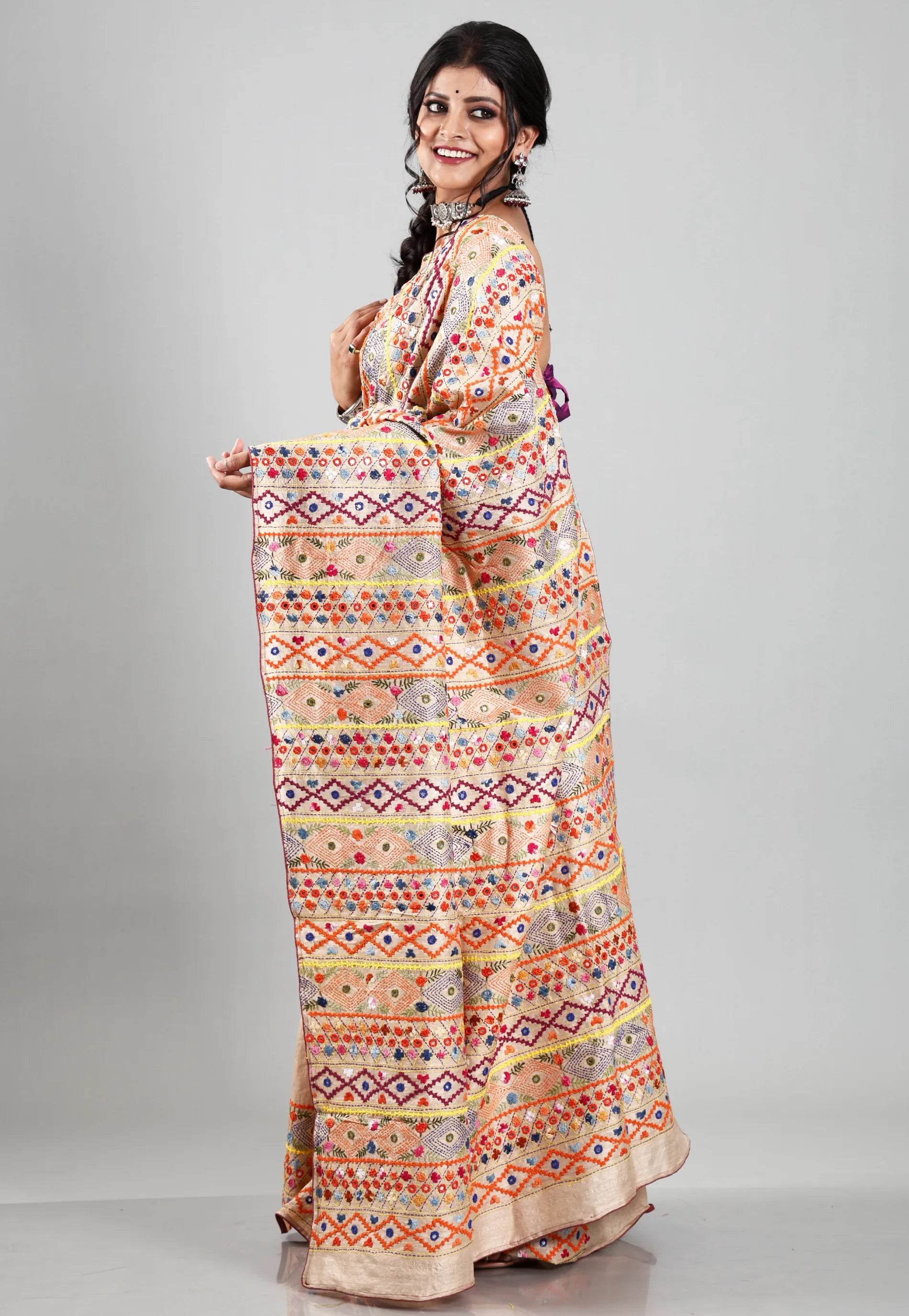 Tussar Colour Pure Tussar Silk Kantha Saree With Blouse Piece - Adi Akshoy & Co.