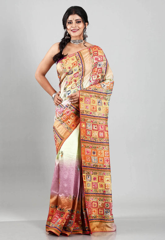 Shaded Colour Pure Tussar Silk Kantha Saree With Blouse Piece - Adi Akshoy & Co.