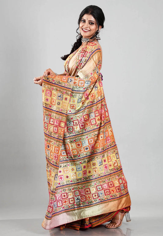 Shaded Colour Pure Tussar Silk Kantha Saree With Blouse Piece - Adi Akshoy & Co.