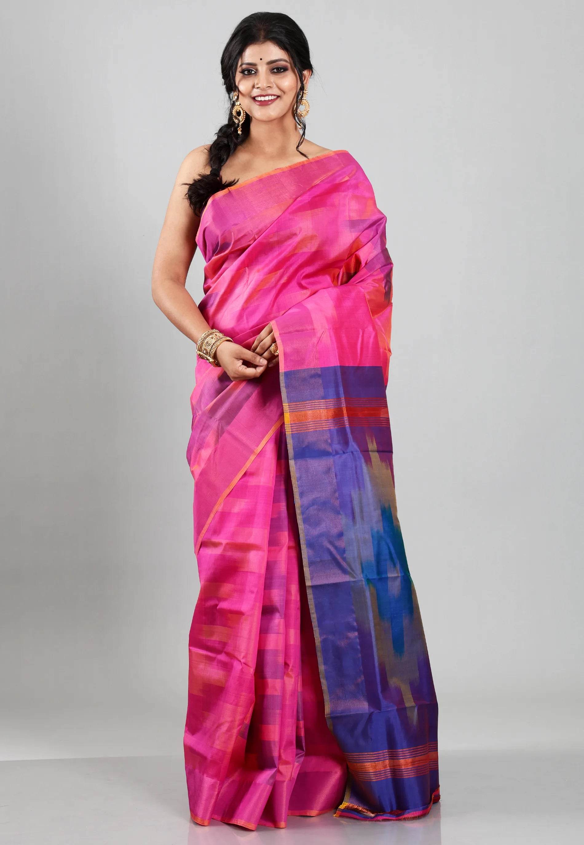 Pink Ikkat Pure Silk Saree With Blouse Piece - Adi Akshoy & Co.