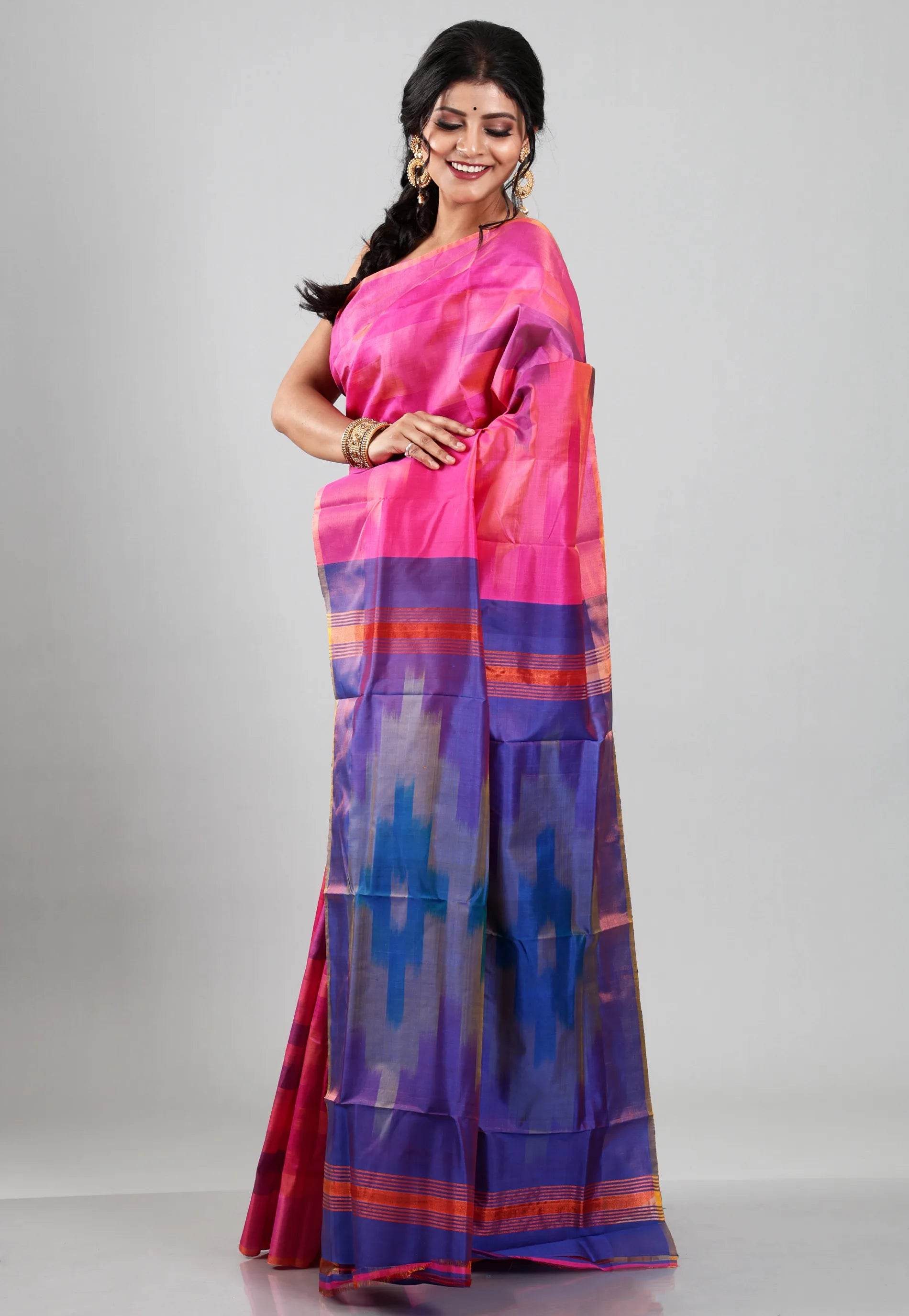 Pink Ikkat Pure Silk Saree With Blouse Piece - Adi Akshoy & Co.