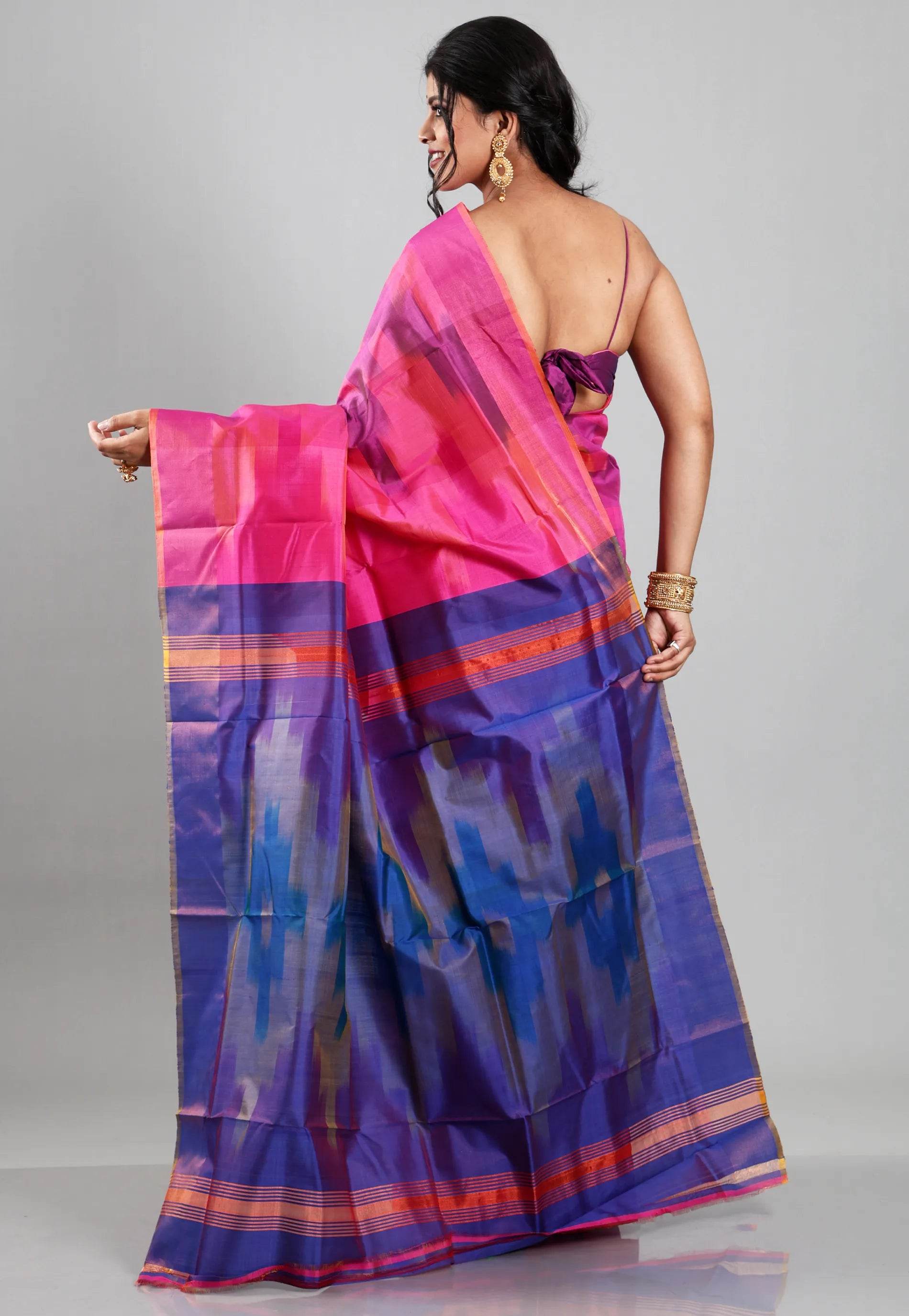 Pink Ikkat Pure Silk Saree With Blouse Piece - Adi Akshoy & Co.