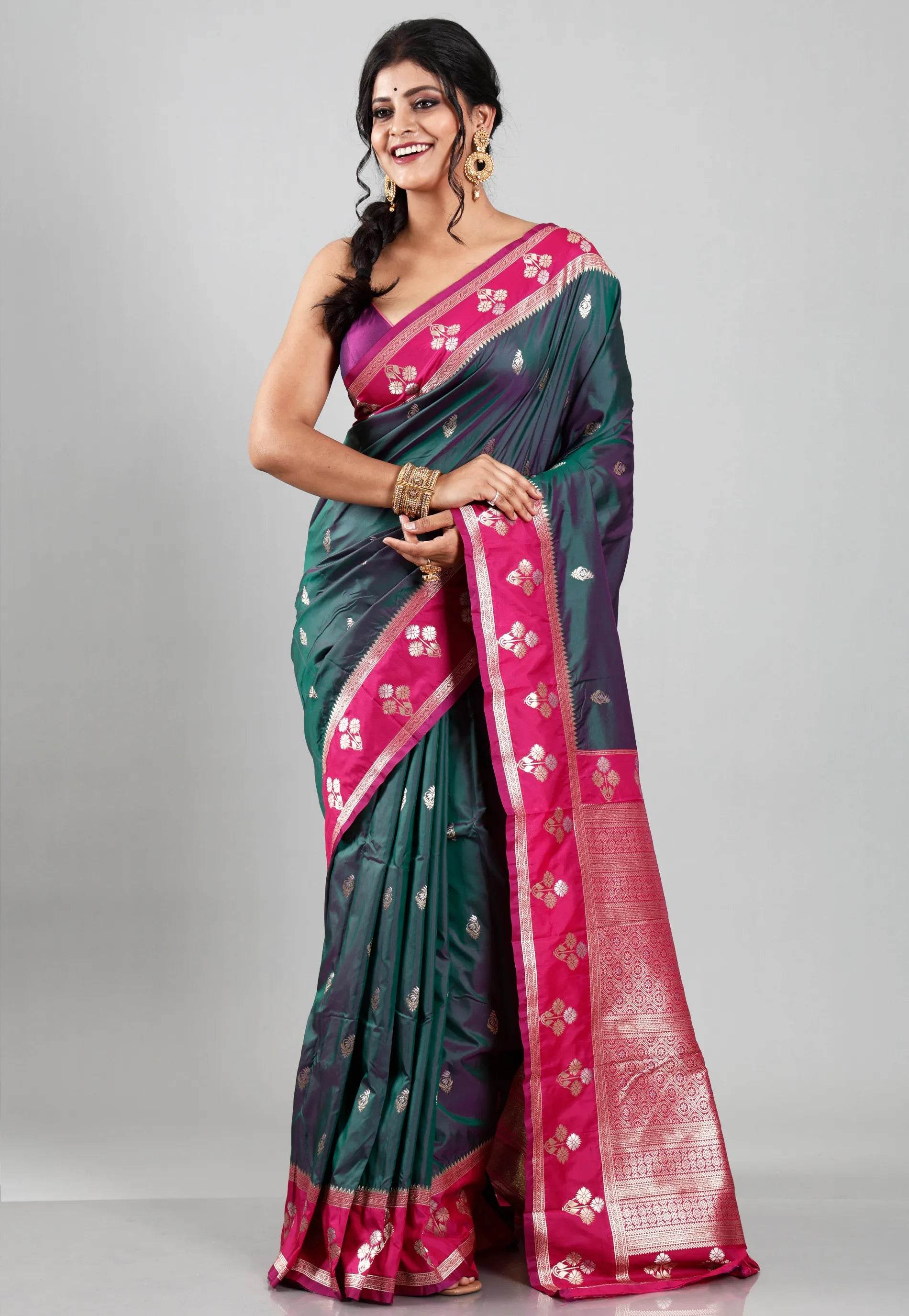 Cross Green with Rani Border Kanjivaram Silk Saree With Blouse Piece - Adi Akshoy & Co.