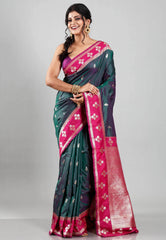 Cross Green with Rani Border Kanjivaram Silk Saree With Blouse Piece - Adi Akshoy & Co.