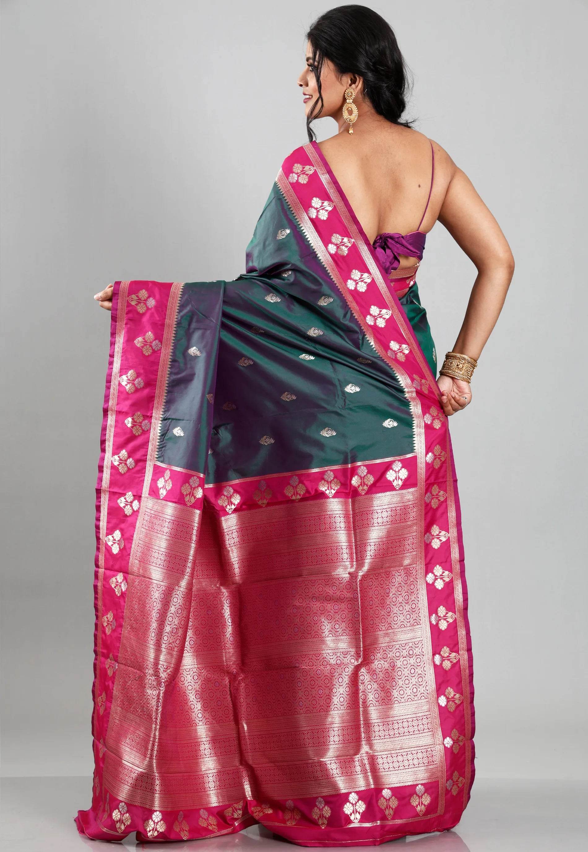 Cross Green with Rani Border Kanjivaram Silk Saree With Blouse Piece - Adi Akshoy & Co.