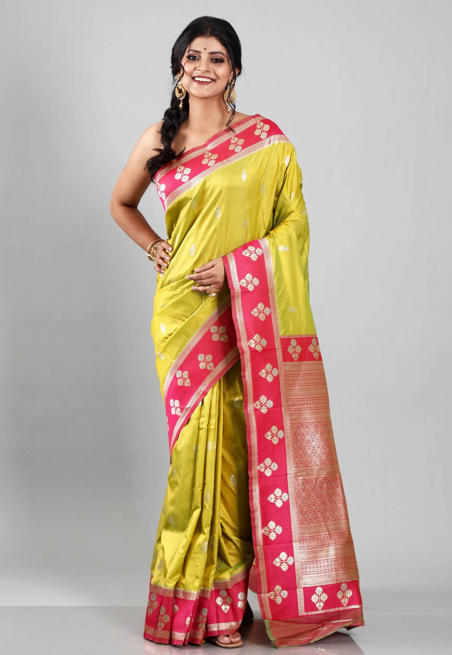 Lime Green with Rani Border Kanjivaram Silk Saree With Blouse Piece - Adi Akshoy & Co.