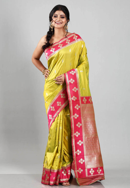 Lime Green with Rani Border Kanjivaram Silk Saree With Blouse Piece - Adi Akshoy & Co.