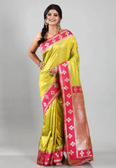 Lime Green with Rani Border Kanjivaram Silk Saree With Blouse Piece - Adi Akshoy & Co.