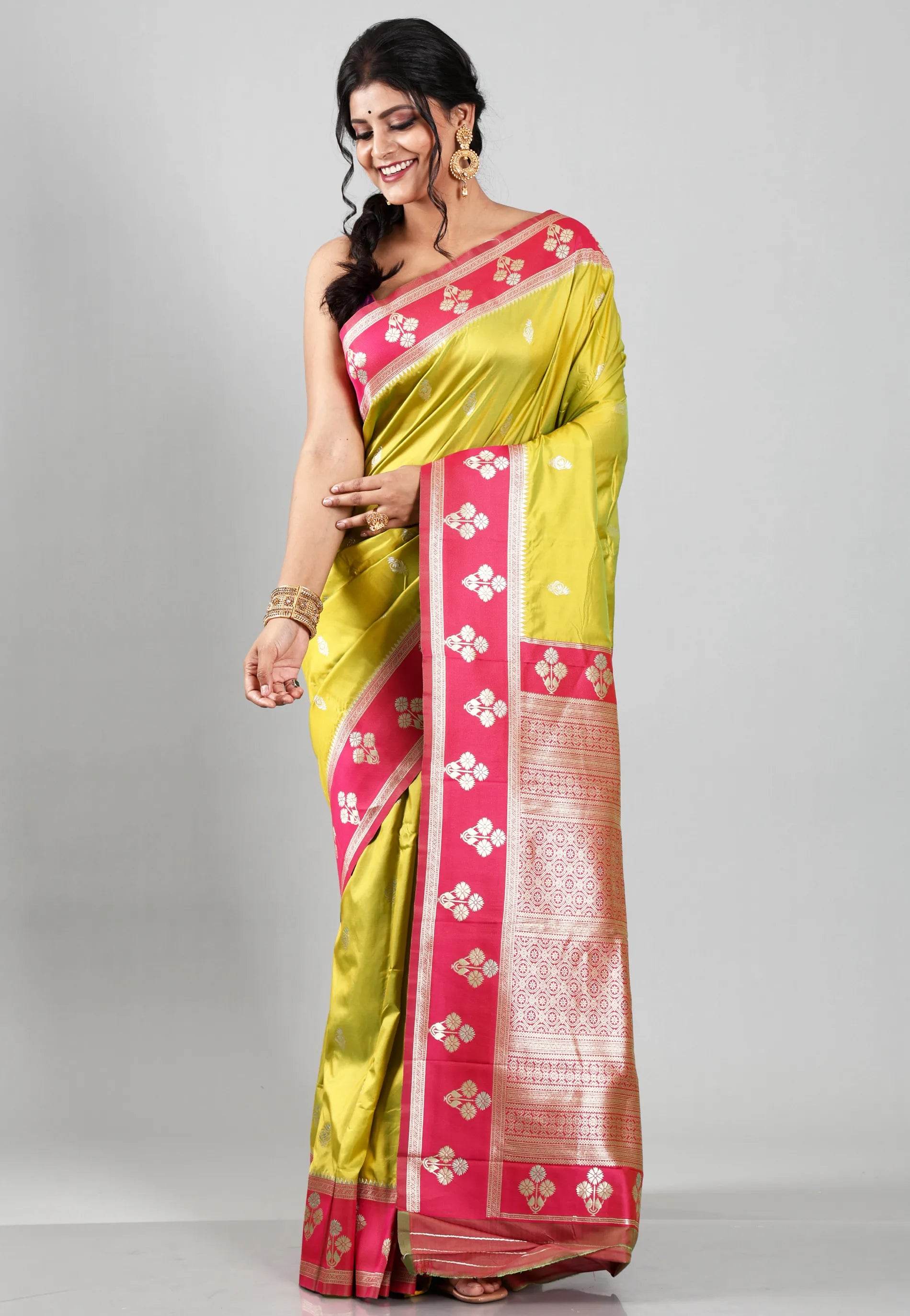 Lime Green with Rani Border Kanjivaram Silk Saree With Blouse Piece - Adi Akshoy & Co.