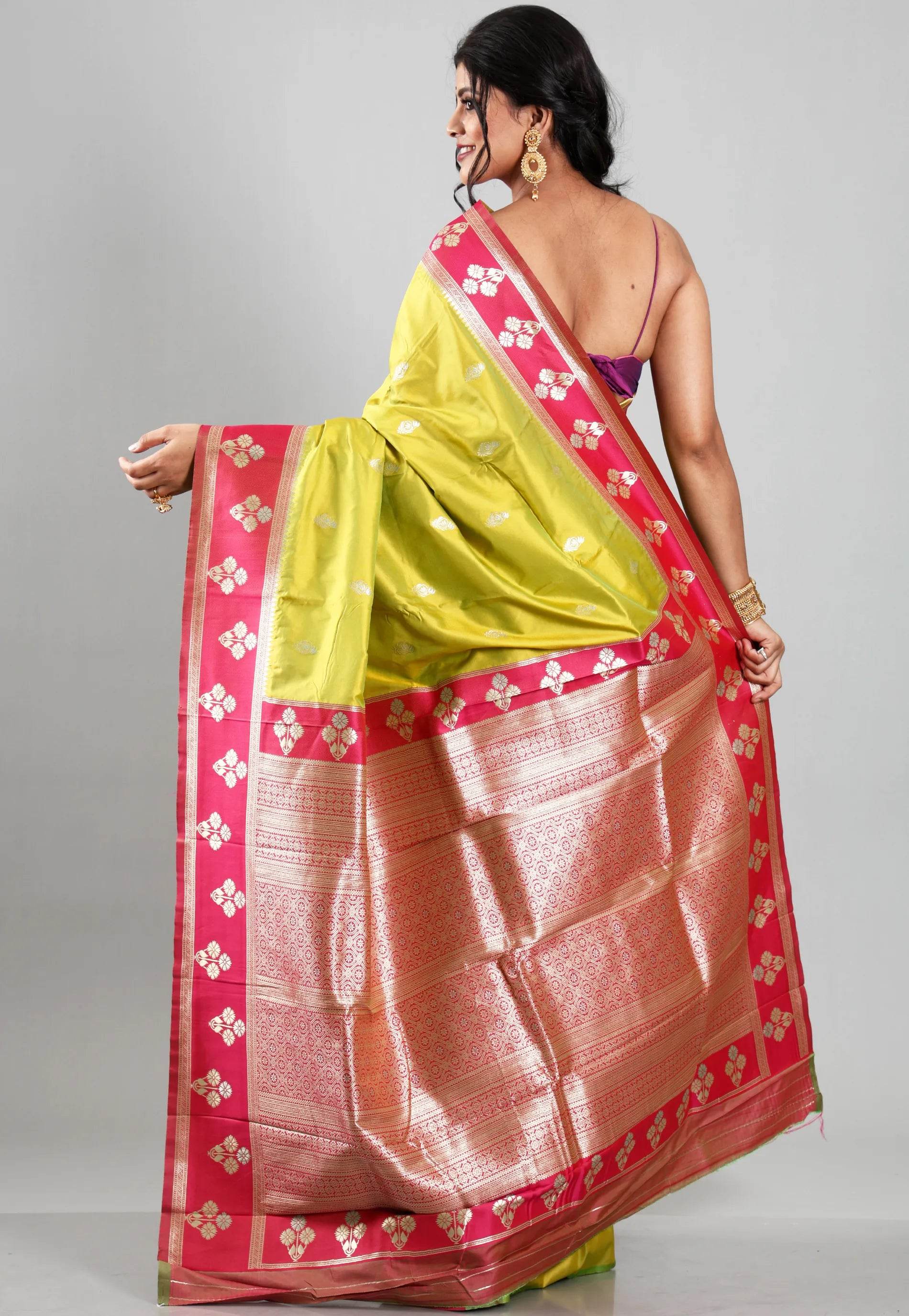 Lime Green with Rani Border Kanjivaram Silk Saree With Blouse Piece - Adi Akshoy & Co.