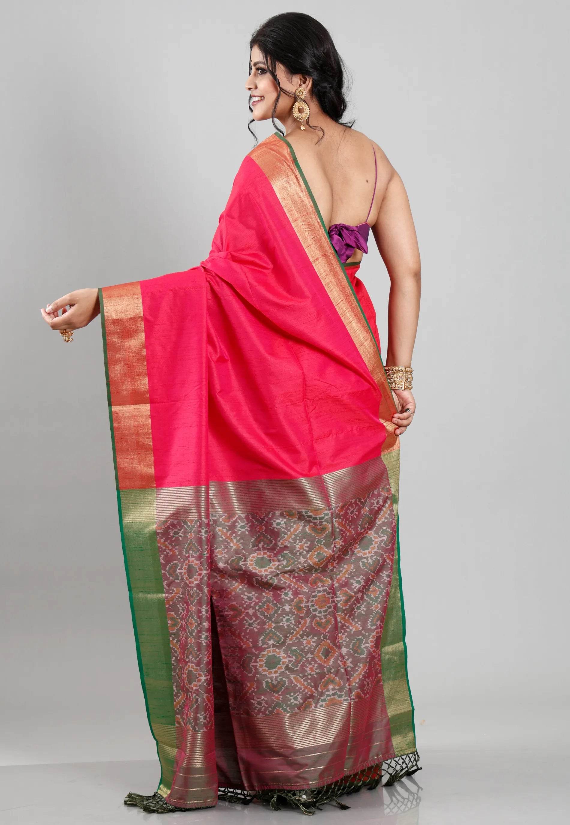 Rani Pink Ikkat Silk Saree With Blouse Piece - Adi Akshoy & Co.