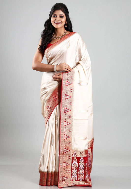 Off White with Red Border Mashru Silk Saree with Blouse Piece - Adi Akshoy & Co.