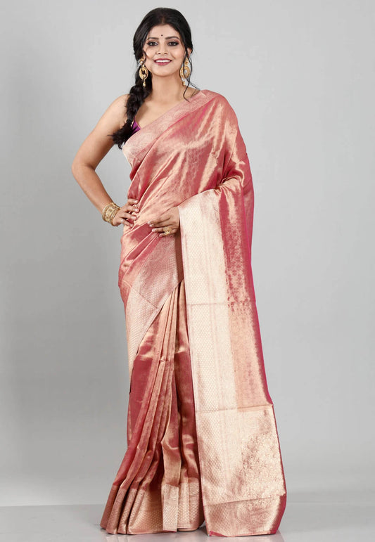 Red Tissue Silk Saree with Blouse Piece - Adi Akshoy & Co.