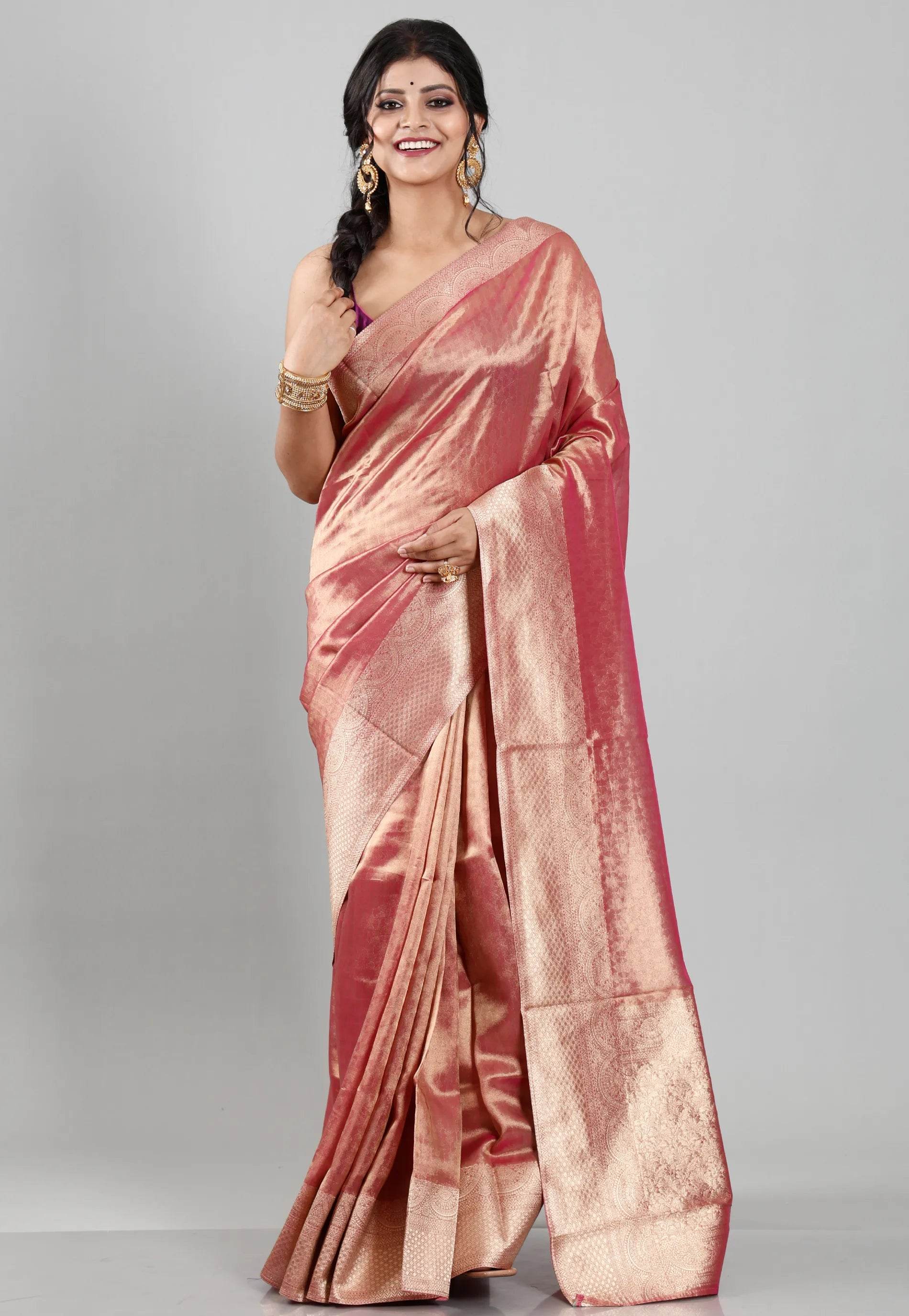 Red Tissue Silk Saree with Blouse Piece - Adi Akshoy & Co.