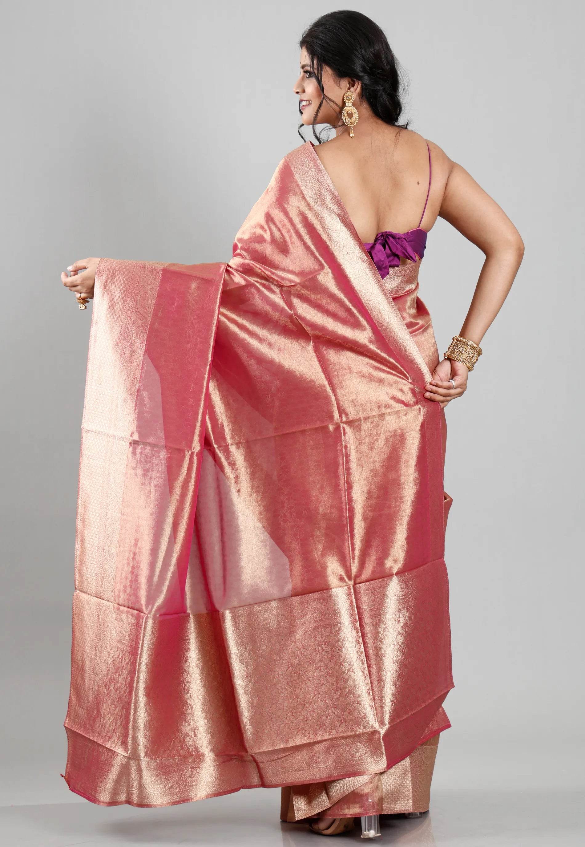 Red Tissue Silk Saree with Blouse Piece - Adi Akshoy & Co.