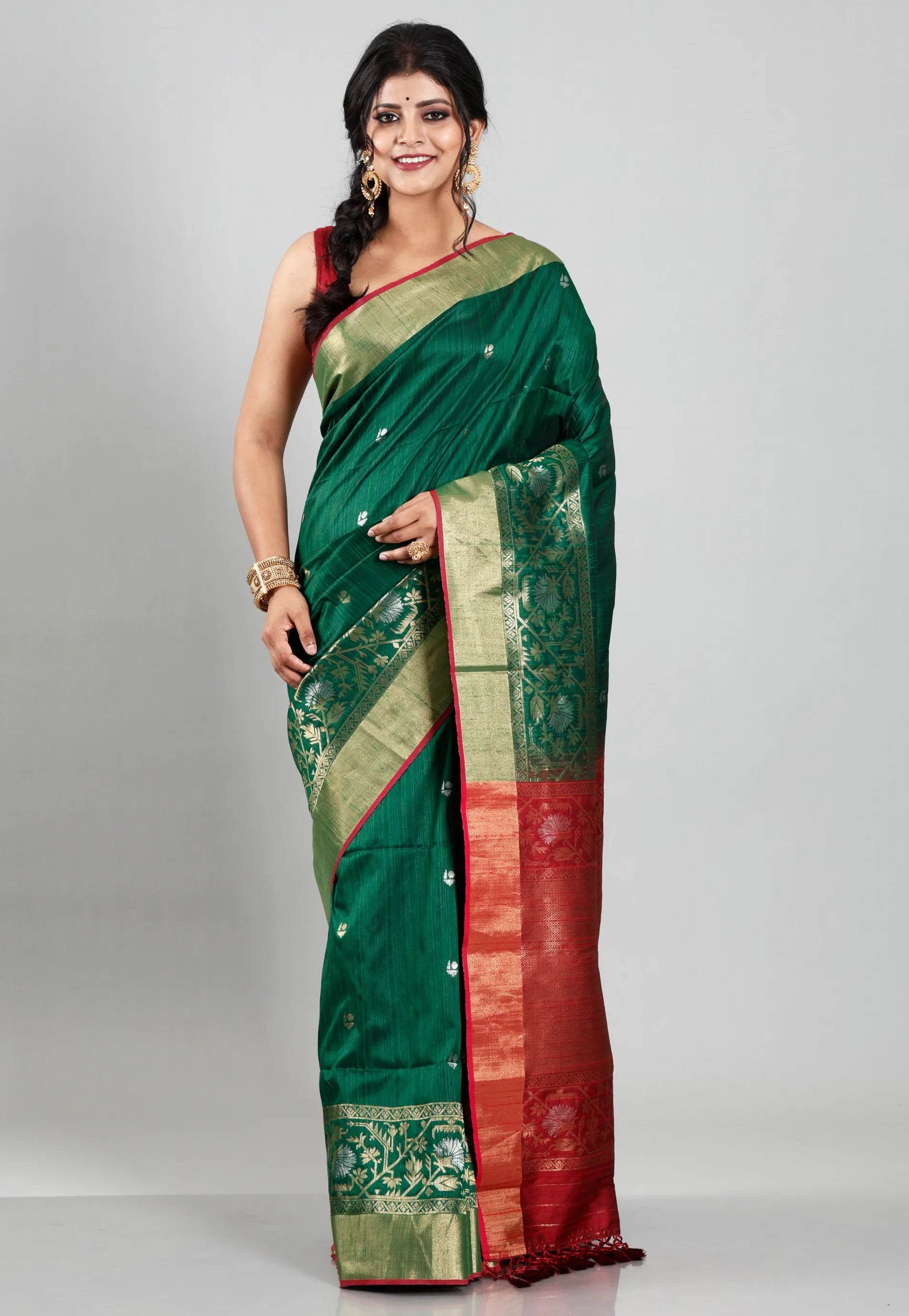 Bottle Green Tussar Silk Saree with Blouse Piece - Adi Akshoy & Co.