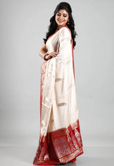 Off White with Red Border Mashru Silk Saree with Blouse Piece - Adi Akshoy & Co.