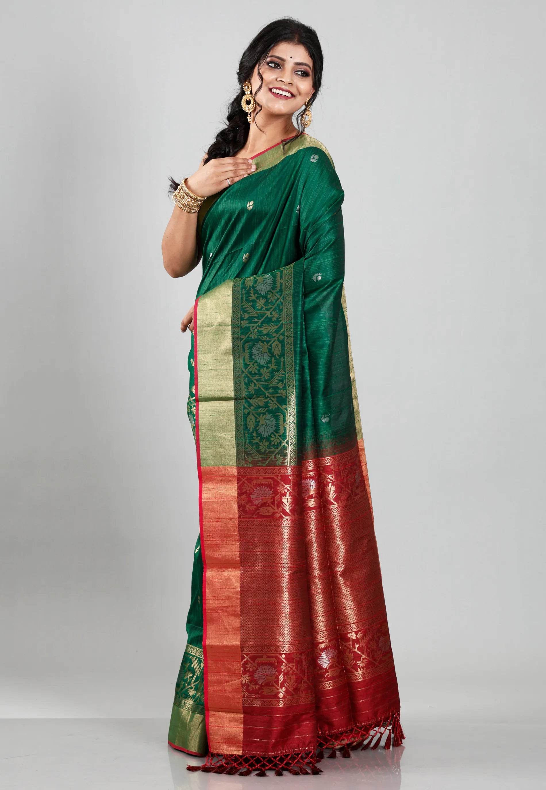 Bottle Green Tussar Silk Saree with Blouse Piece - Adi Akshoy & Co.