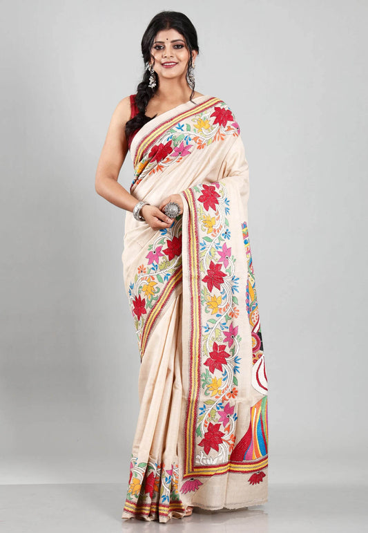 Tussar Colour Pure Tussar Silk Kantha Saree With Blouse Piece - Adi Akshoy & Co.