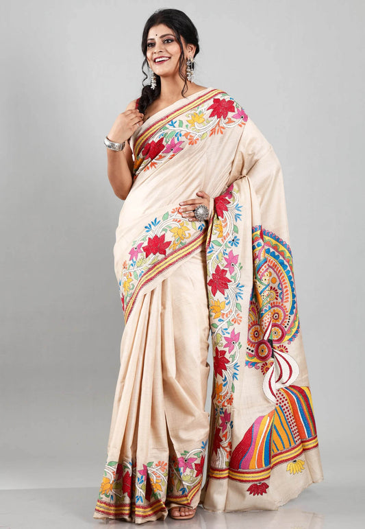 Tussar Colour Pure Tussar Silk Kantha Saree With Blouse Piece - Adi Akshoy & Co.