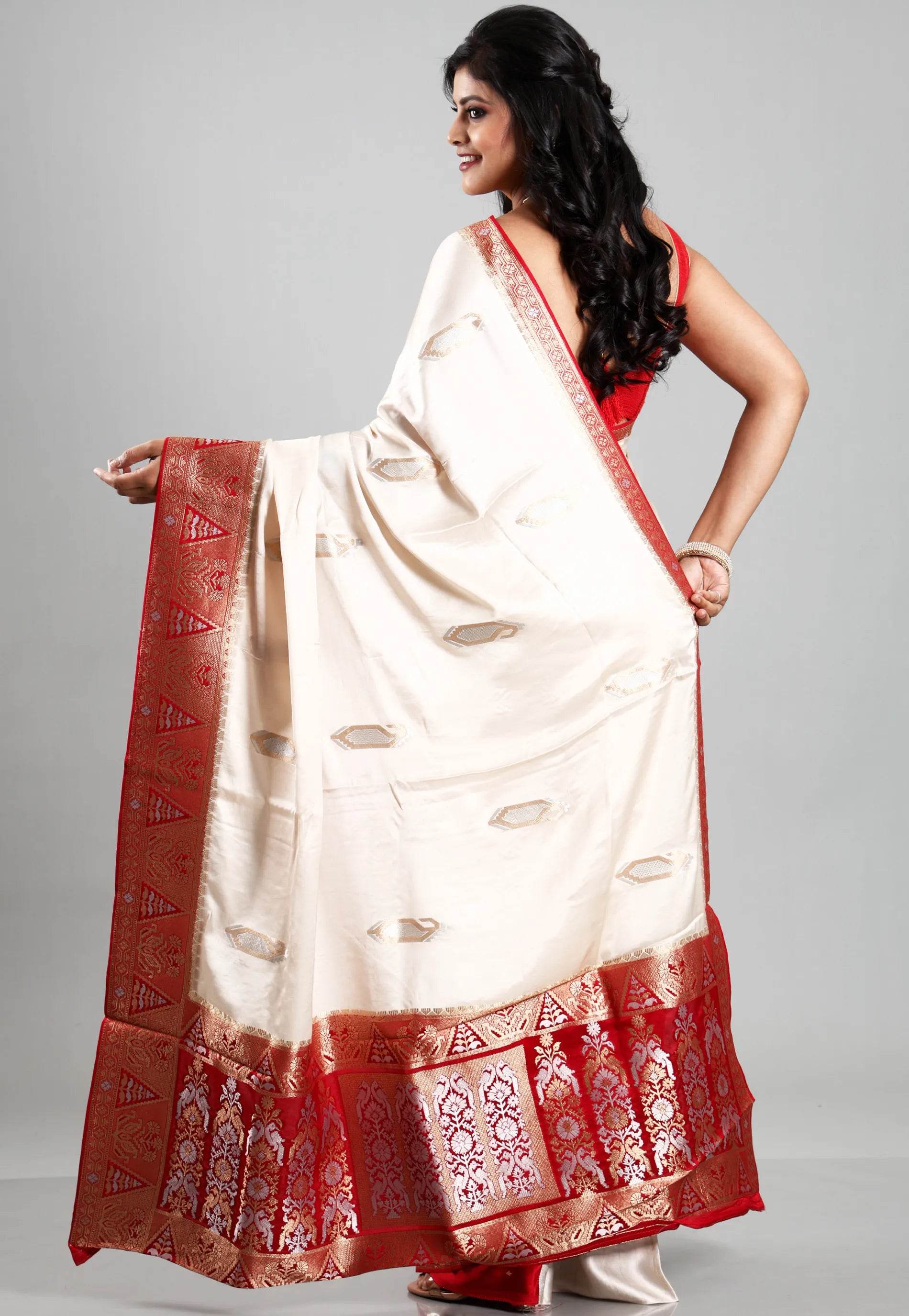 Off White with Red Border Mashru Silk Saree with Blouse Piece - Adi Akshoy & Co.
