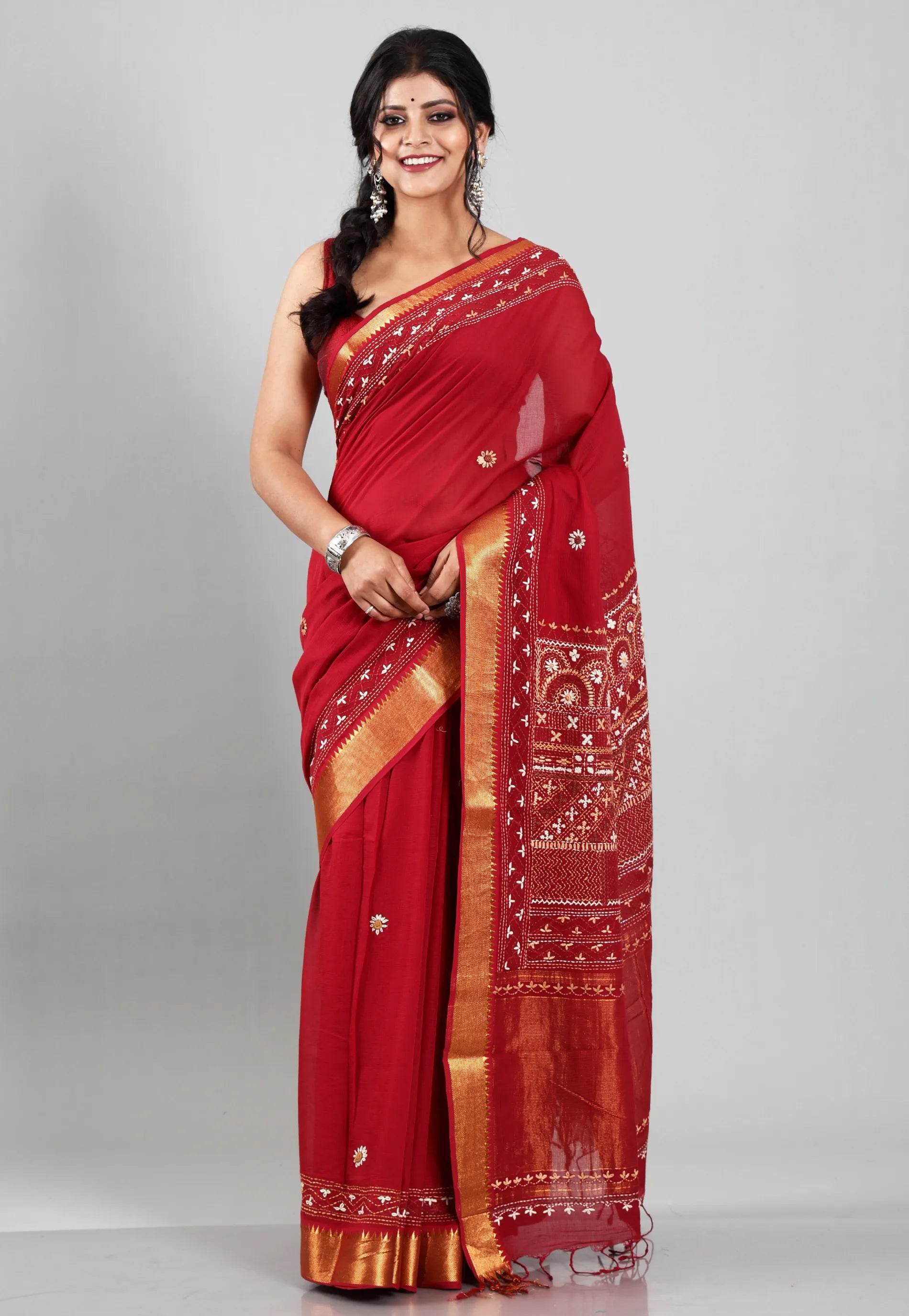 Maroon Colour Mangalagiri Cotton Kantha Saree With Blouse Piece - Adi Akshoy & Co.