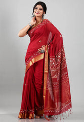 Maroon Colour Mangalagiri Cotton Kantha Saree With Blouse Piece - Adi Akshoy & Co.